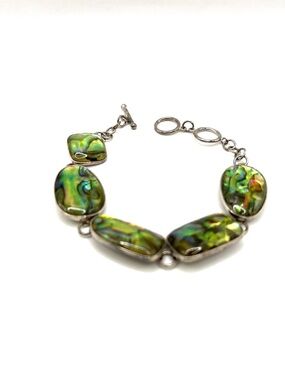 Sterling Silver Abalone Shell Link Bracelet - Green Iridescent